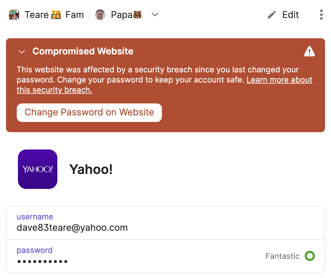 A Watchtower banner pointing out that an item has a weak or vulnerable password, along with a Change Password button