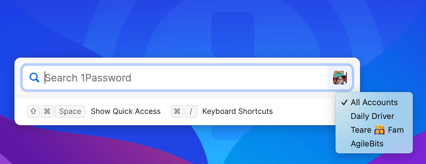 Quick Access with the account and collection selection open