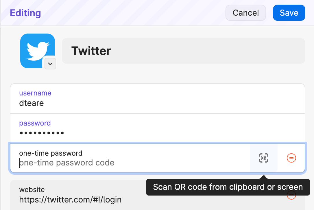 An item being edited with a QRCode scanner icon shown on a one-time password field