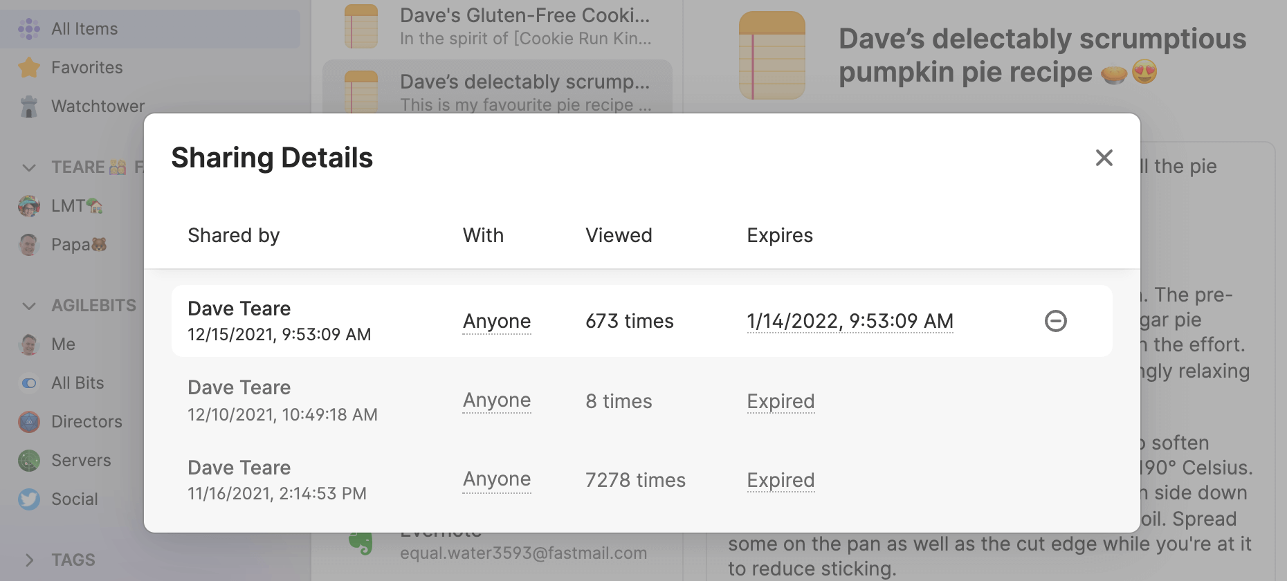 The sharing history for my pie recipe after I shared it with my newsletter subscribers